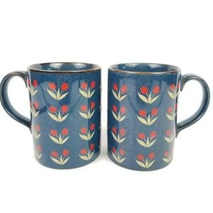 2 Mugs Cups Navy Blue Gold Red Tulip Flowers Set